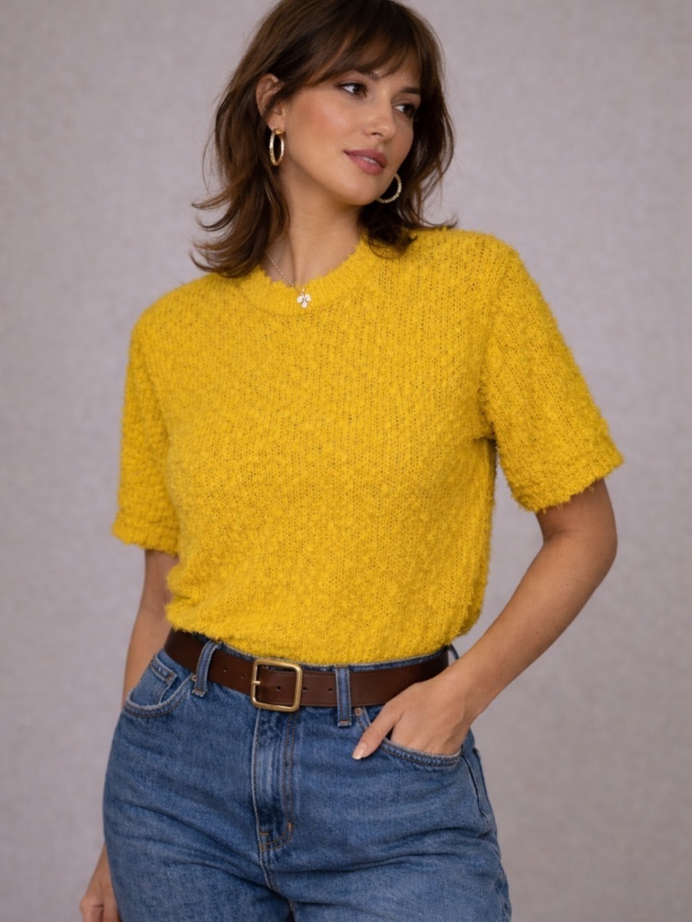 Vintage FairSet Bright Yellow Textured Knit Short-Sleeve Sweater size S
